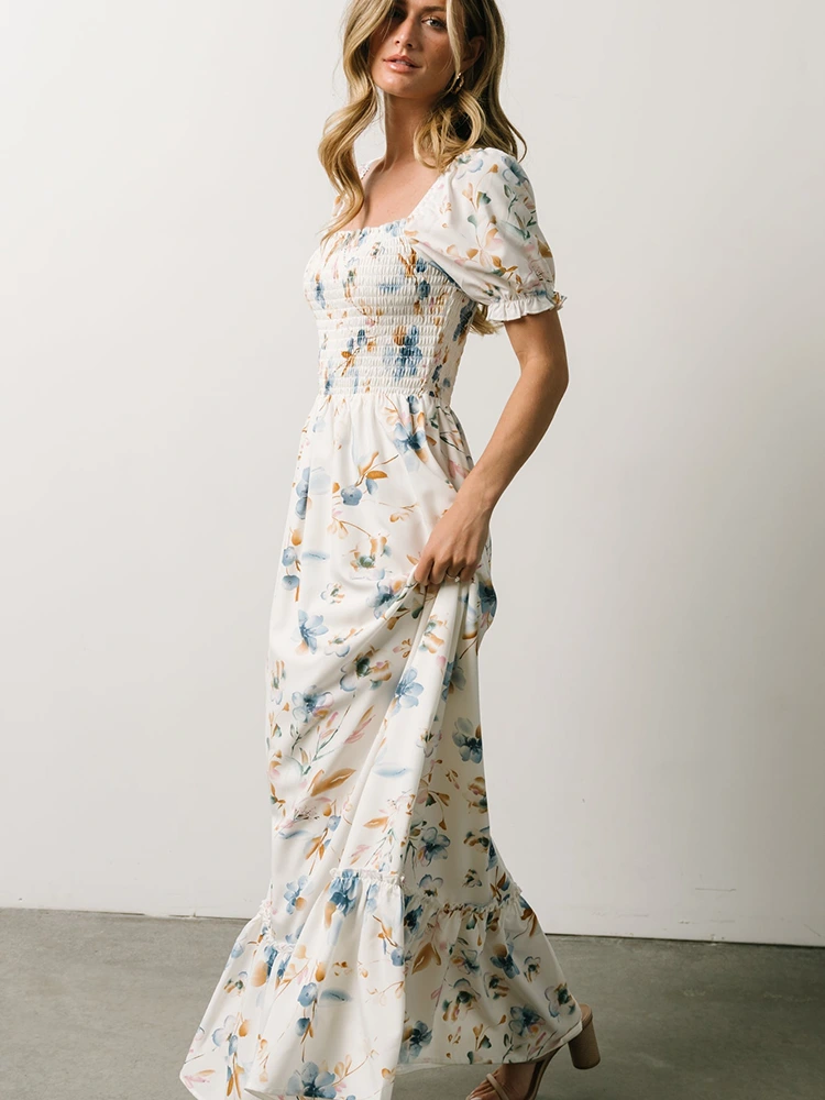 Square Neck Pleated Print Long Dress