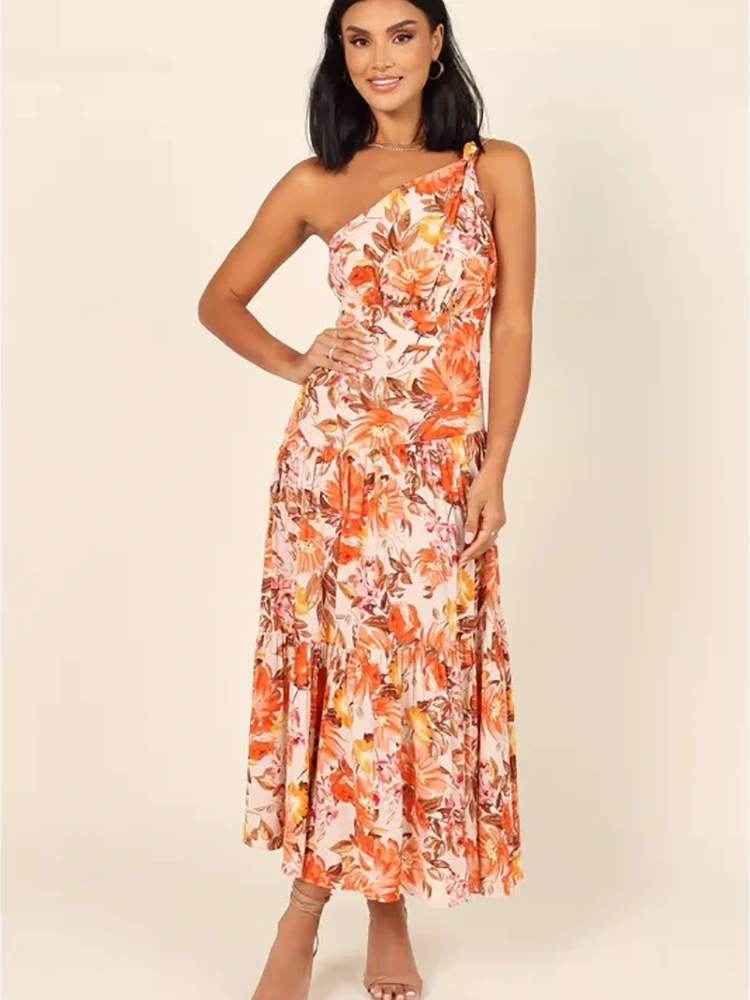 Floral Print One-Shoulder Long Dress
