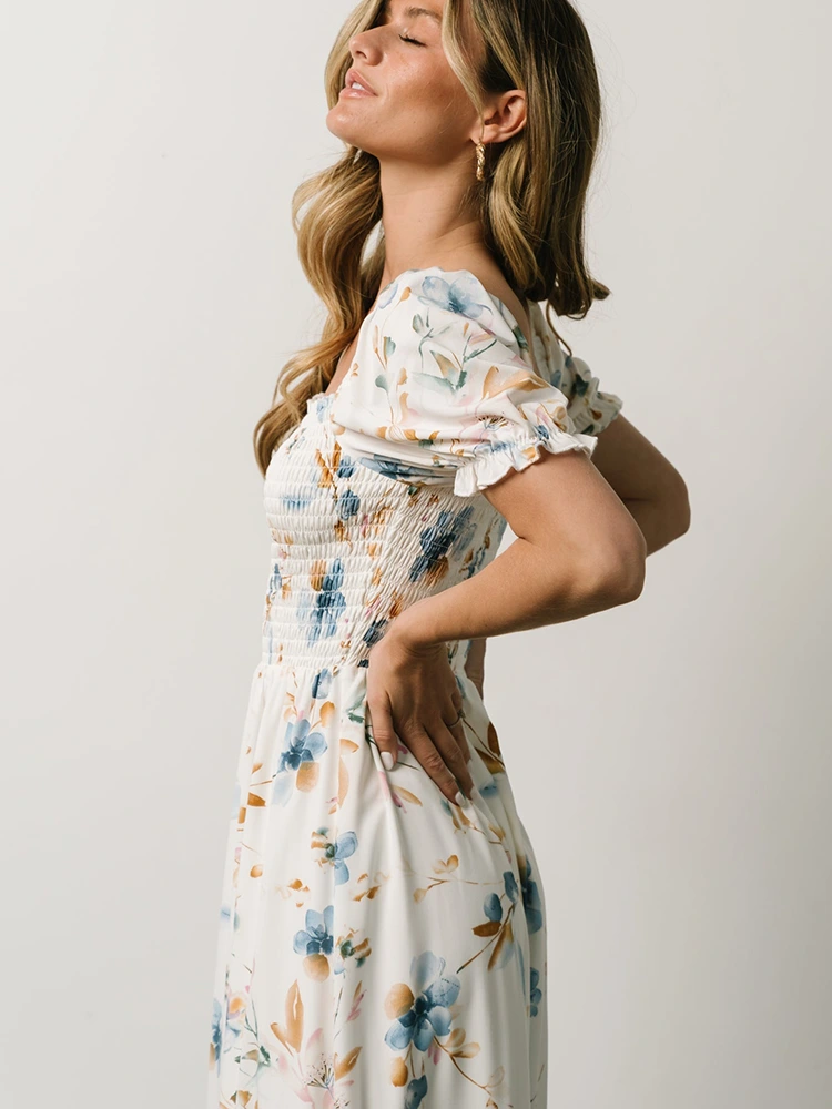 Square Neck Pleated Print Long Dress