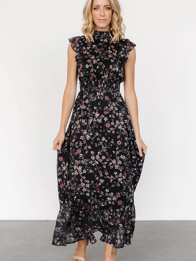 Floral Print Ruffle Long Dress